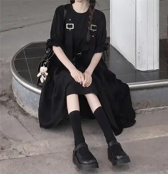 Japonski Kawaii black MIDI krilo gothic obleko retro Ruffle rokav zanko povoj krilo svoboden Cosplay obleko Harajuku stil oblačenja