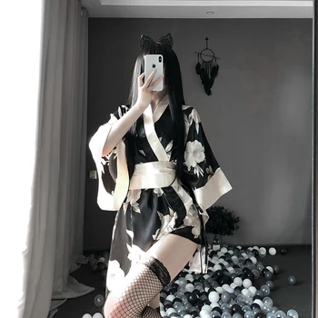 Japonski Kimono Seksi Cosplay Obleko za Ženske Tradicionalni Slog Haljo Yukata Kostume Pižamo Mehka Svila Pasu 3pcs Nastavite Črno Rdeča