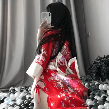 Japonski Kimono Seksi Cosplay Obleko za Ženske Tradicionalni Slog Haljo Yukata Kostume Pižamo Mehka Svila Pasu 3pcs Nastavite Črno Rdeča