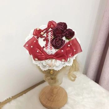 Japonski Lolita Čipke Bonnet Cilinder Sladko Bowknot Rose Cvet Srce Obesek Ravno Skp Kawaii Cosplay Strani Lase Posnetek