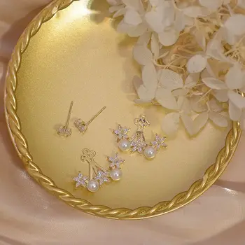 Japonski&Koreja Občutljivo Nakit 14K Zlato Prevlečeno AAA Cirkon Star Stud Uhani za Ženske Luksuzni Diamond Biser Uhani