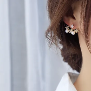 Japonski&Koreja Občutljivo Nakit 14K Zlato Prevlečeno AAA Cirkon Star Stud Uhani za Ženske Luksuzni Diamond Biser Uhani