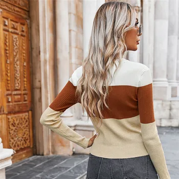 Jeseni, Pozimi Moda Mozaik Barve Slim T Shirt Vrh Ženske 2020 Nove Priložnostne O Vratu Polno Sleeve Majica S Kratkimi Rokavi