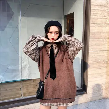 Kariran majica + telovnik ženski študent korejski svoboden kolegij slog pleteni pulover telovnik dva kosa obleko v jeseni in pozimi