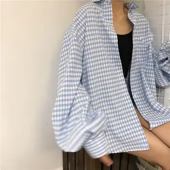Kariran Ženske Majice Dolg Rokav Plus Velikost 3XL Oversize Outwear Elegantna Preproste Ženske Bluze Priložnostne Harajuku Vrečasta Vse-tekmo Trendy