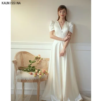 KAUNISSINA Saten Poročno Obleko Dolgo korejski Poročne Halje, Ženske A-Line Elegantno Preprost svate Formalnih Obleke za Neveste