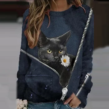 Kawaii 3D Črna Mačka Tiskanja Ženske Bluzo Priložnostne Srajce Posadke Vratu Dolg Rokav Dame Tee Plus Velikost Svoboden Estetske Puloverju Vrhovi