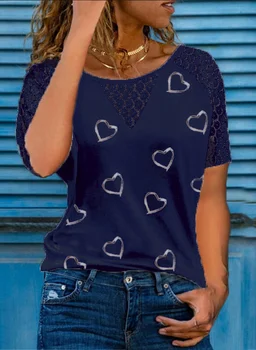 KAČA YX Grafični Tees Ženske je Ljubezen Natisnjeni Kratek Rokav Priložnostne Srčkan T-shirt Plus Velikost Mehko in Udobno Poletje LACE Majica