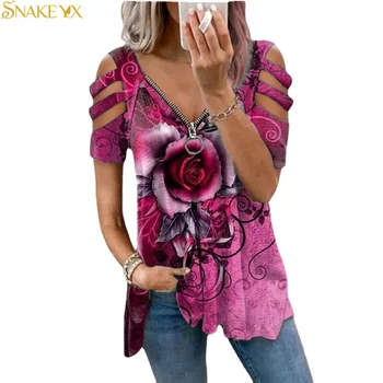 KAČA YX Graphic Tee Žensk Rose Cvet Natisnjeni Priložnostne Zadrgo Proti-vrat T-shirt Mehko in Udobno Top Majica Plus Moda