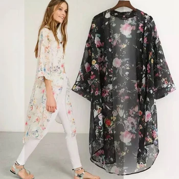 Kimono Jopico Ženske Letnik Cvetlični Šifon Srajce Svoboden Šal Boho Vrhovi Dolgo Zaščito Pred Soncem, Jakna, Bluza