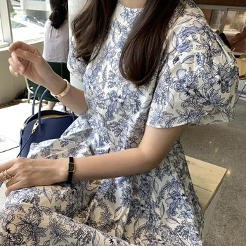 Kimotimo Tiskanja Puff Rokav Dolgo Obleko za Ženske 2021 Poletje Vintage O-vratu Puder v Kamnu Design Obleke korejski Modna Oblačila