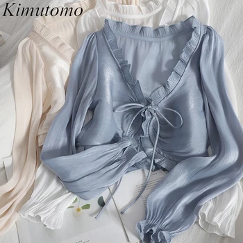 Kimutomo Moda Glive Bluzo Ženske Proti-vrat Čipke Jopico Majica 2021 Pomlad Poletje podkrepljena Tanke Kratek Top Elegantno Novo