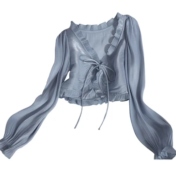 Kimutomo Moda Glive Bluzo Ženske Proti-vrat Čipke Jopico Majica 2021 Pomlad Poletje podkrepljena Tanke Kratek Top Elegantno Novo