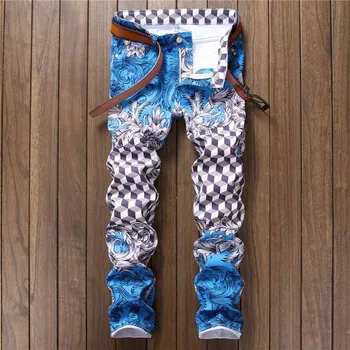 KIOVNO Moda za Moške Hip Hop Naslikal Traper Hlače Slim Fit Stretch Jeans Hlače Za Moške Naravnost Pismo Natisnjeno