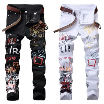 KIOVNO Moda za Moške Hip Hop Naslikal Traper Hlače Slim Fit Stretch Jeans Hlače Za Moške Naravnost Pismo Natisnjeno