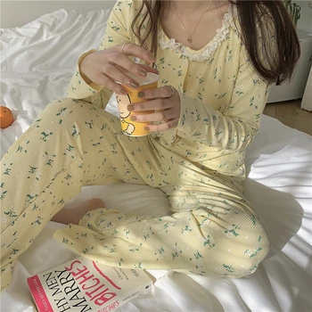 Koreja slog, nov modni sleepwear ženske pižame nastavite cvjetnim tiskanja dolg rokav jopice čipke hlače 2 kos set home obleko Y341