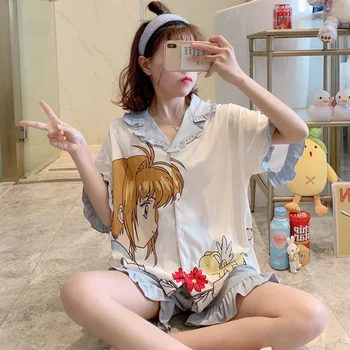 Koreja Slog Prosti Čas Nositi Ženske Pižame Nastavite Poletje Bombaž Kawaii Pijama Anime Sakura Captor Nightgown Risanka Jopico More