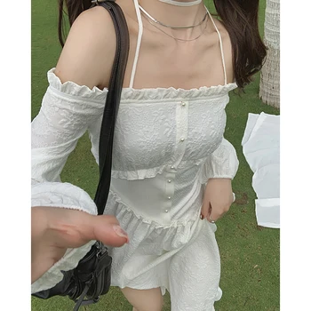 Korejski 2021 Poletje Čipke-Up Načrt Eno Ramo Beli Trak Obleke, Ženske Dolg Rokav Elegantno Obleko Plaži Stranka En Kos Obleke