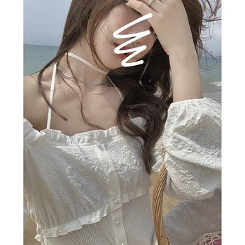 Korejski 2021 Poletje Čipke-Up Načrt Eno Ramo Beli Trak Obleke, Ženske Dolg Rokav Elegantno Obleko Plaži Stranka En Kos Obleke