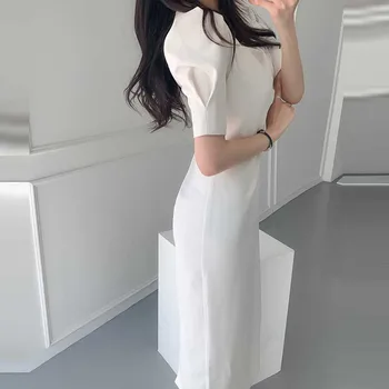 Korejski 2021 Poletje Ženske Čipke Puff Rokavi Urad Midi Obleko Iz Enega Kosa Moda Francoski Slim Stranka Obleko Elegantno Femme Robe Oblačenja