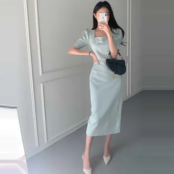 Korejski 2021 Poletje Ženske Čipke Puff Rokavi Urad Midi Obleko Iz Enega Kosa Moda Francoski Slim Stranka Obleko Elegantno Femme Robe Oblačenja
