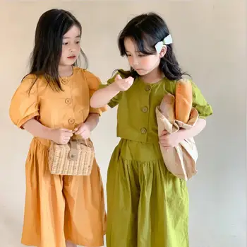 Korejski dekleta modni slog kratke vrhovi + širok noge hlače 2pcs določa poletje 2021 dekle bombaž kompleti oblačil 3-8Y wz175