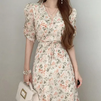 Korejski Enega Kosa Elegantna ženska Obleka 2021 Poletje Nov Eleganten V-izrez Kratka Sleeved Cvetlični Šifon Obleko Midi Priložnostne Obleke, Ženski