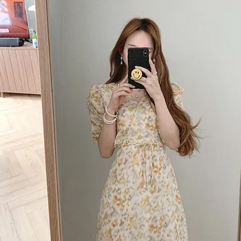 Korejski Enega Kosa Elegantna ženska Obleka 2021 Poletje Nov Eleganten V-izrez Kratka Sleeved Cvetlični Šifon Obleko Midi Priložnostne Obleke, Ženski