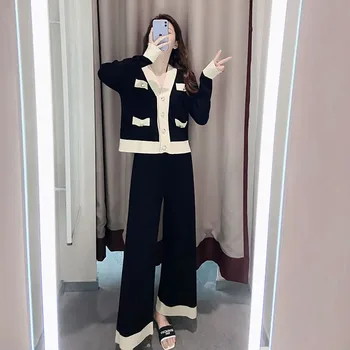 Korejski Gumb Žep Long Sleeve Solid Obleko, dvodelno, 2021fashion Plesti Hlače Obleko Enotni-zapenjanje O-vratu Chic Elegantno Ženske Določa