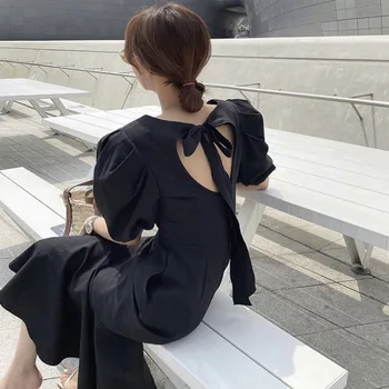 Korejski Letnik Elegantno Trdna Ženske Fishtail Obleko 2021 Poletje Moda Ženske Slim Backless Kratko Sapo Rokav Obleke Iz Enega Kosa