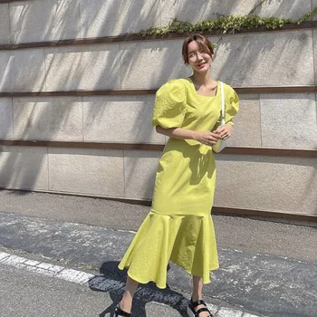 Korejski Letnik Elegantno Trdna Ženske Fishtail Obleko 2021 Poletje Moda Ženske Slim Backless Kratko Sapo Rokav Obleke Iz Enega Kosa
