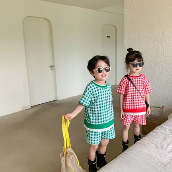 Korejski slog, fantje in dekleta poletje moda mozaik kariran 2pcs določa poletje brat in sestra obleke oblačila bombaž