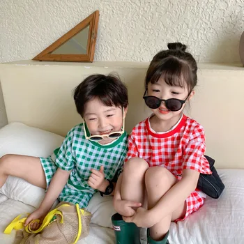 Korejski slog, fantje in dekleta poletje moda mozaik kariran 2pcs določa poletje brat in sestra obleke oblačila bombaž