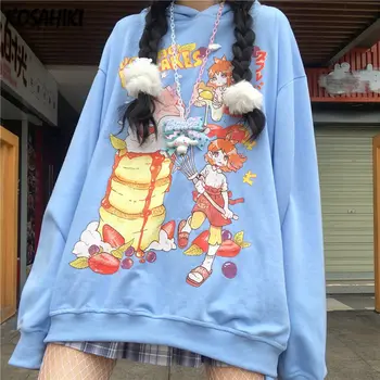 KOSAHIKI Japonski Slog Kawaii Hoodie Ženske 2021 Harajuku Risanka Tiskanja Hoodie Harajuku Vrhovi Pismo Tiskanje Majica