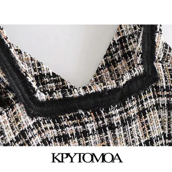 KPYTOMOA Ženske 2021 Elegantna Moda Mozaik Tweed Preverite Pinafore Obleko Letnik V Vratu brez Rokavov Ženske Obleke Vestidos Mujer