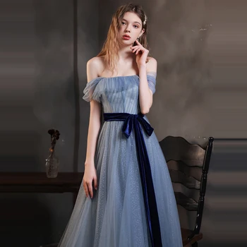 LAMYA Preprost Čoln Vratu Večerne Obleke Modre Til Maturantski Obleki Elegantno Formalno Stranko Obleko Plus Velikost Dolžina Tal Haljo De Soiree