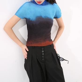 LANMREM Turtleneck Vrh Ženske 2021 Poletje Natisnjeni T-shirt Elastična Naguban Shirt Ženski Vzročno Moda Kratek Rokav Srajce YJ780