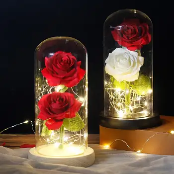 LED Večni Cvet Dvojno Rose v Dome sveti Lepotica in Zver Rose V Bučko Valentinovo, Rojstni dan, Božič Darilo