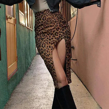 Leopard Natisnjeni Split Žensk Mini Krila Visoko Pasu Zadrgo Slim Žensko Krilo 2021 Seksi Ulične Preprosto Priložnostne Dame Dna