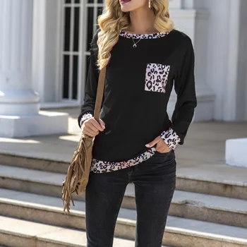 Leopard Žepi Dolg Rokav T-Shirt za Ženske Posadke Vratu Mozaik Priložnostne Vrh Tee 2021 Jeseni Ulične Modni Pulover Tunika