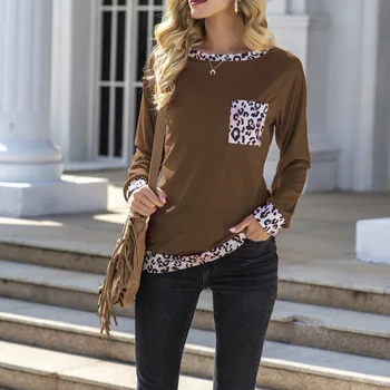 Leopard Žepi Dolg Rokav T-Shirt za Ženske Posadke Vratu Mozaik Priložnostne Vrh Tee 2021 Jeseni Ulične Modni Pulover Tunika