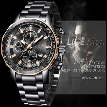 LIGE 9902 Mens iz Nerjavečega Jekla Luksuzni Vodoodporni Moda Quartz uro Moške Vojaške Športni Kronograf Ročne ure Moške