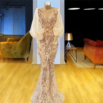 Lowime Šampanjec Morska Deklica Čipke Večerne Obleke Z Dolgimi Rokavi Dubaj Design Arabski Stranka Obleke Za Poroke 2021 Plus Velikost Prom Oblačenja