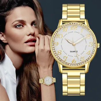 Luksuzne Ročne Ure Ženske Kremen Iz Nerjavečega Jekla Gumb Za Izbiranje Priložnostne Bracele Ure Ženske Diamond Letnik Zlato Ročne Reloj Mujer