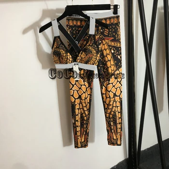 Luksuzni Design 21 dva kosa iz obleke oblačila z blagovno znamko poletje pismo žirafa jacquardske Visoko Elastični Pas hlače in Top za ženske