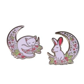Luna Zajec in Mačka Emajl Pin nastavi Poletni zajček bela mucka, broške