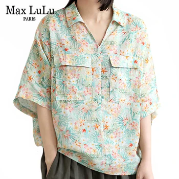 Max LuLu Korejski Design 2021 Poletje Ženske Natisnjeni Cvetlični Bluze Za Ženske Proti-Vrat Kratek Rokav Srajce Ženske Letnik Vrhovi Plus Velikost