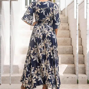 Maxi obleko Modne Boho Dolgo Obleko za Ženske Proti-vrat Elegantno Kratek Rokav Dolgo Natisnjeni Obleko Elegantno žensko Obleko 2021