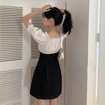Mini Mozaik Kawaii Obleka Ženske Puff Rokav korejski Slim Sladko Vintage Obleko Femme Enega kosa Priložnostne Stranka Obleko 2021 Poletje Y2k