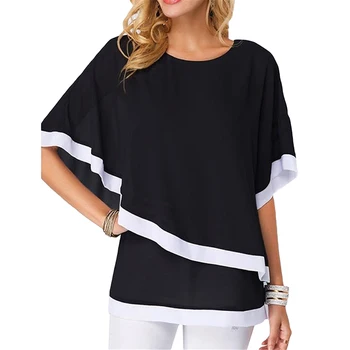 Moda Bluze Za Ženske Mozaik Dvojno Plast Vrhovi Priložnostne Batwing Tunika 2021 Jeseni Novo Šifon Majice